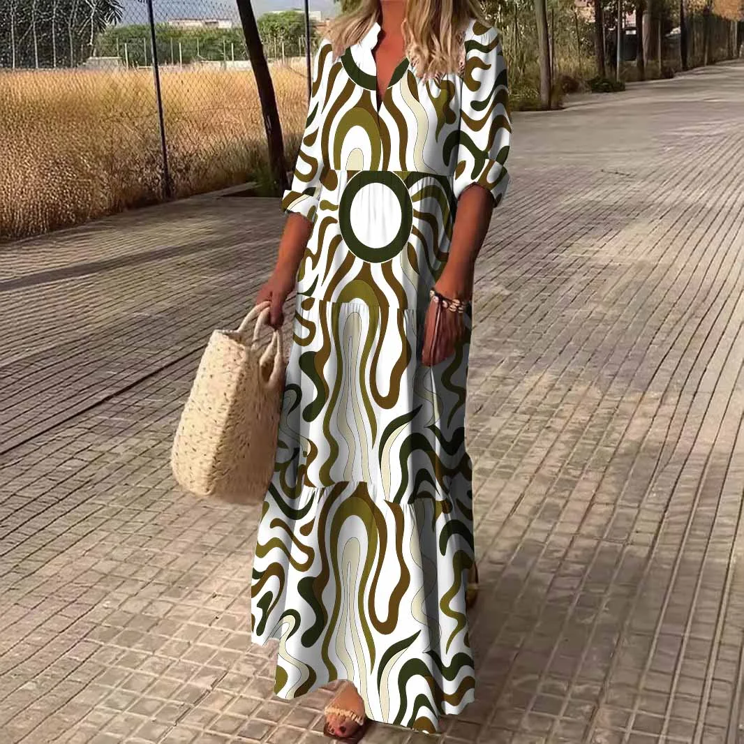 Women Abstract, Black, Brown DZDN0168 SPU Printed Long Sleeve V-neck Maxi Dress