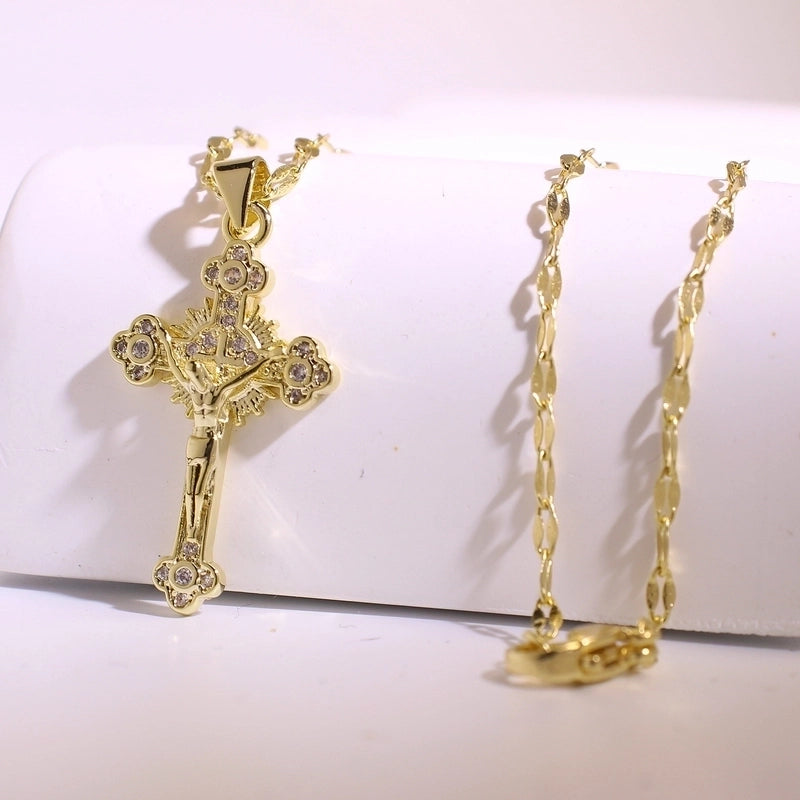 Vintage Style Religion Cross Jesus Copper Zircon 14K Gold Plated Plating Pendant Necklace