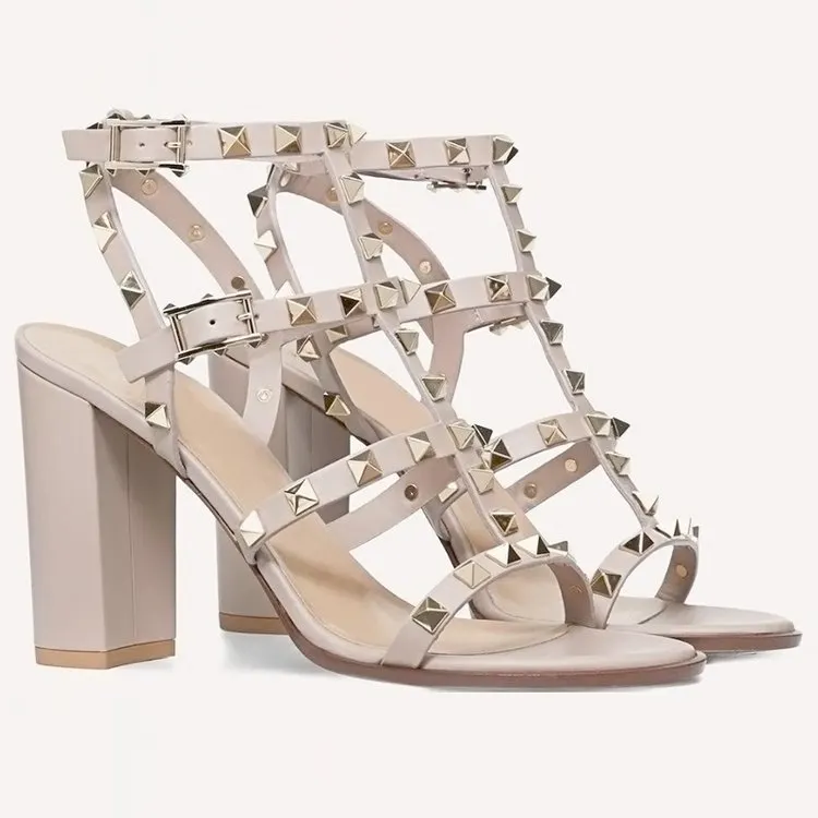 100mm Women's Rivets Block Heels Party Daily Summer Sandals-vocosishoes