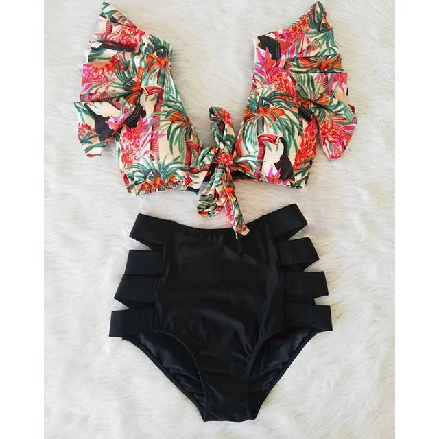 High Waist Ruffled Sexy Bikini Set 2022 Flounce Biquini Swimwear Women Two Pieces Swimsuit Floral Beachwear V-Neck Bathing Suit