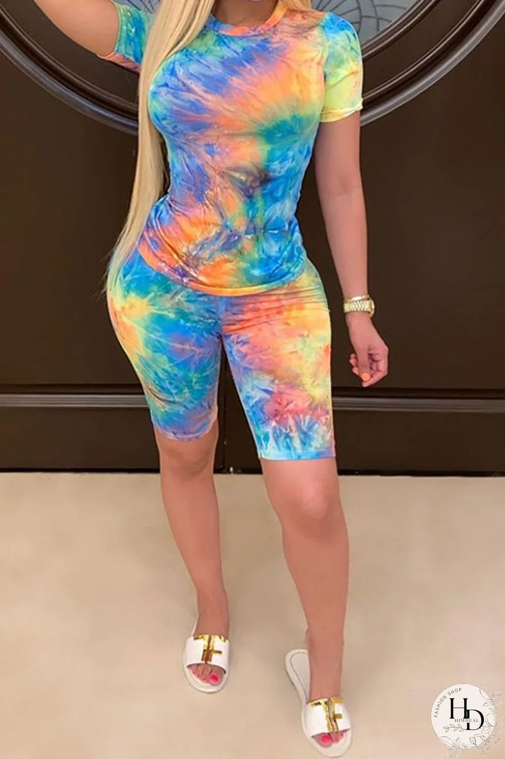 Blue Fashion Casual Active Print Tie Dye Short Sleeve Two Pieces