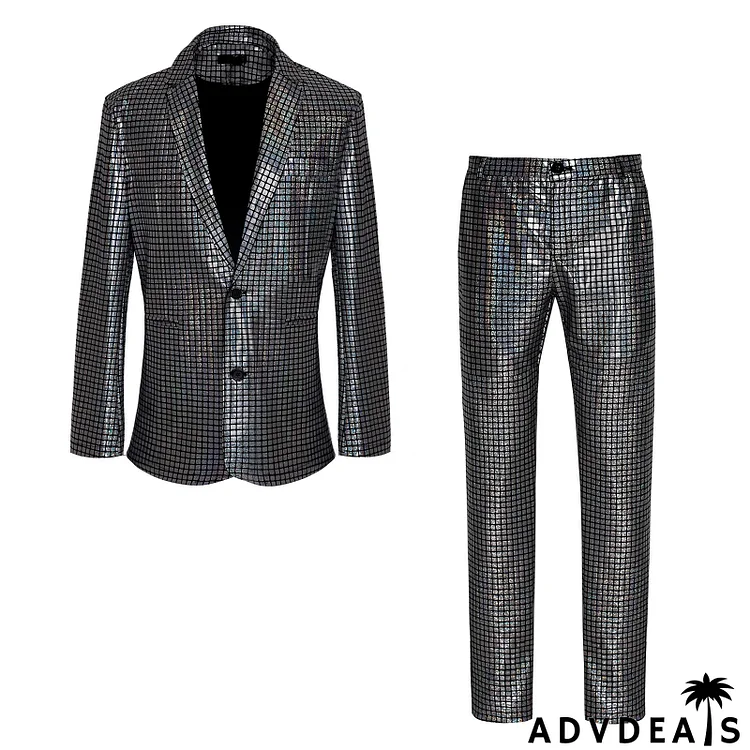 Men Fashion Wedding Party Nightclub Plaid Long Sleeve Lapel Suit Pants Plus Size Sets