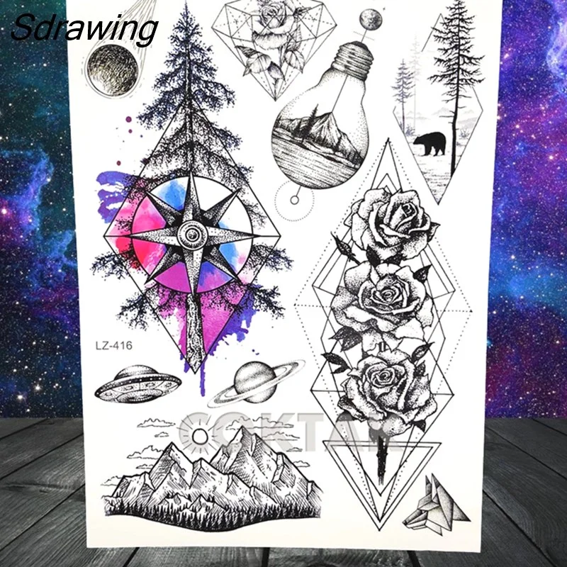 Sdrawing Geometric Fox Wolf Temporary Tattoos For Men Women Henna Tatoos Paper Waterproof Body Art Arm Leg DIY Fake Tattoo Sticker