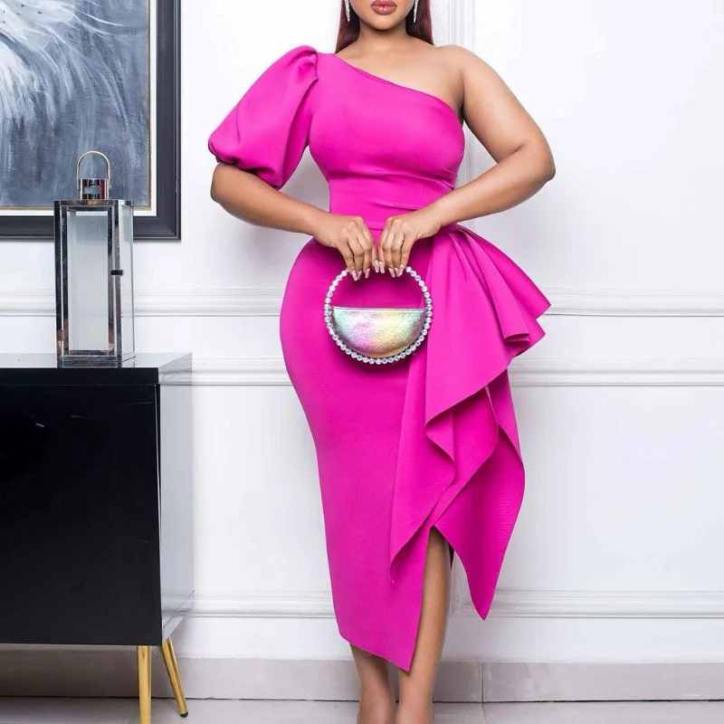 Slash Neck Slit Ruffle Dress - Hot Pink