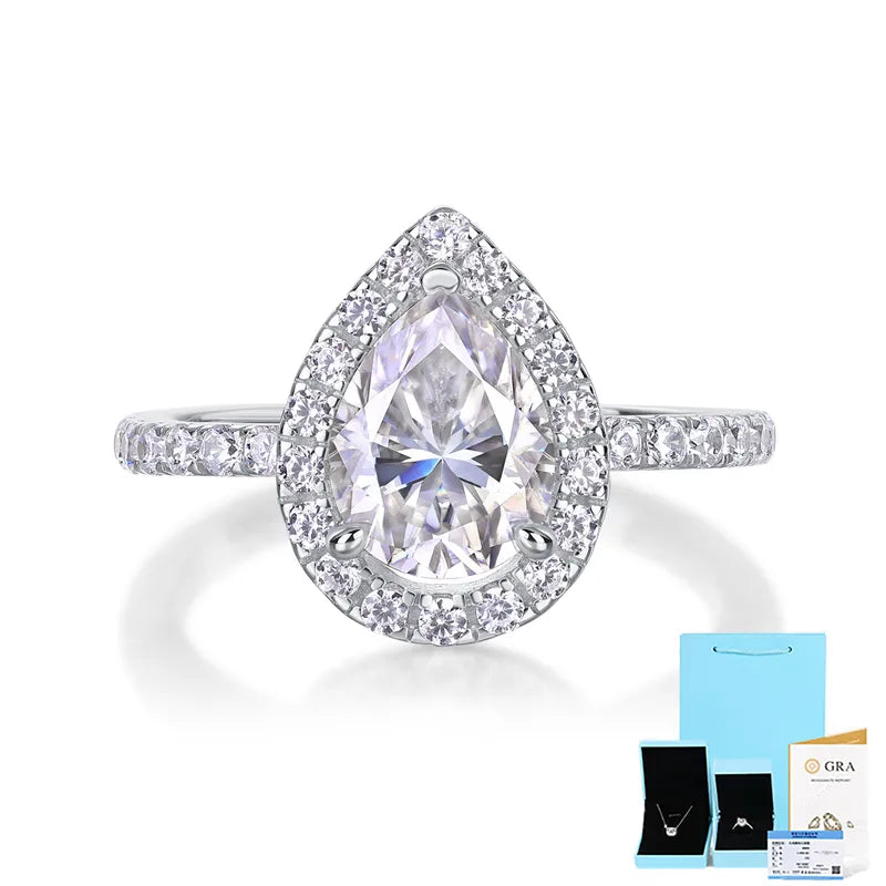 1.5ct White Gold Plated 925 Sterling Silver Moissanite Water Droplets Rings GRA Certificate