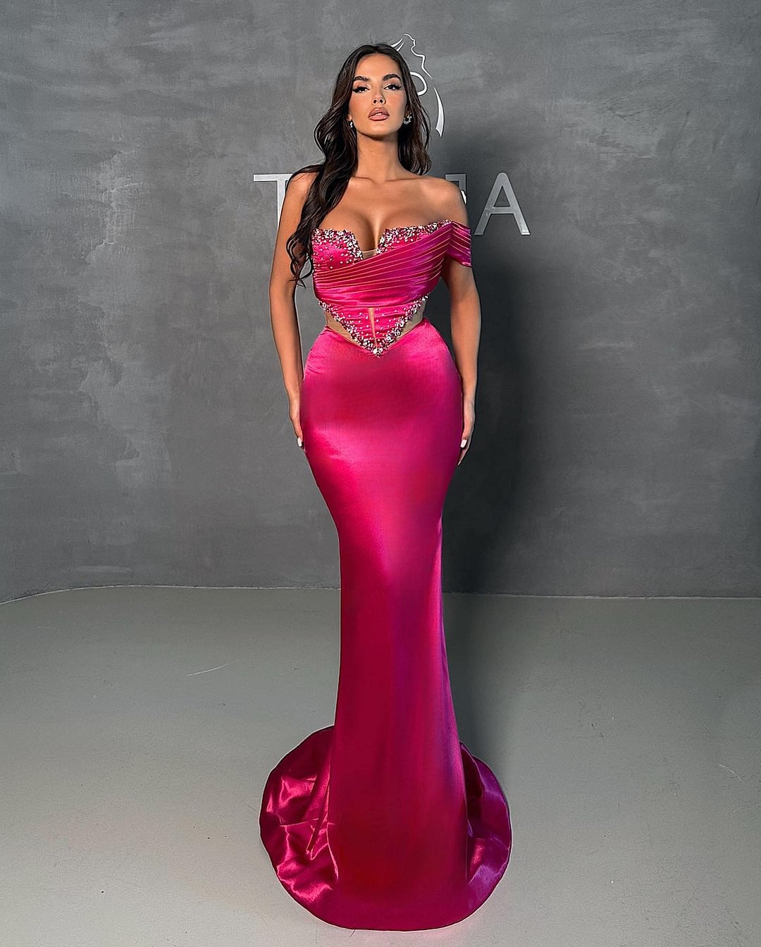 Fuchsia Sexy Mermaid Prom Dress V-Neck With Beads Sequins ZT0001