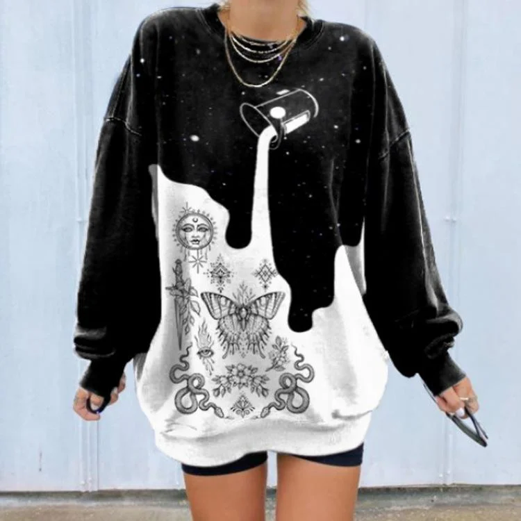 Ladies Sun Moon God Print Sports Long Sleeve Round Neck Loose Casual Pullover Sweater-Allyzone-Allyzone