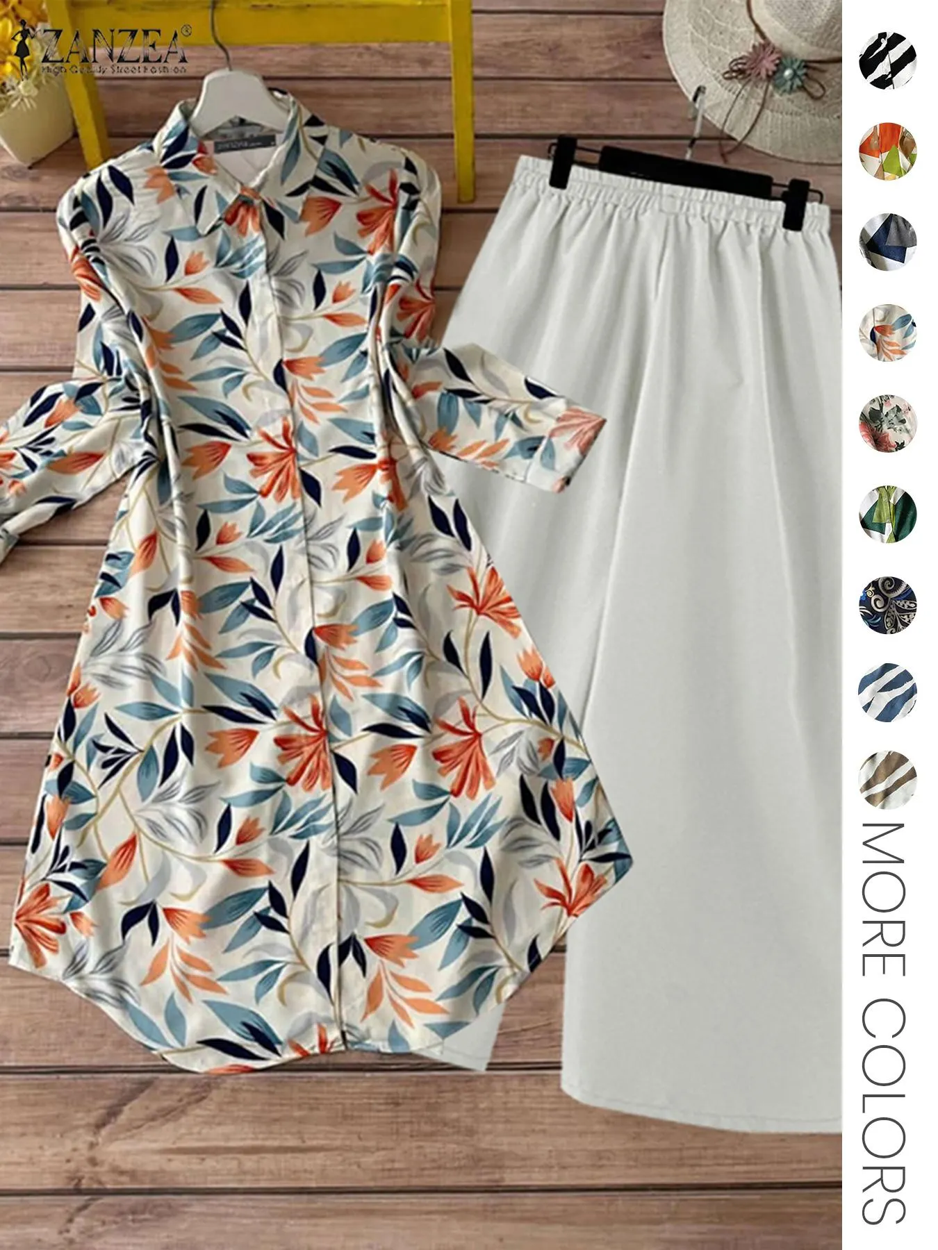 Two-piece Women's All-Over Print Button Shirt & Wide Leg Pants Set, Casual Long Sleeve Collared Top & Trousers for Daily Wear, Ladies Clothes for All Seasons