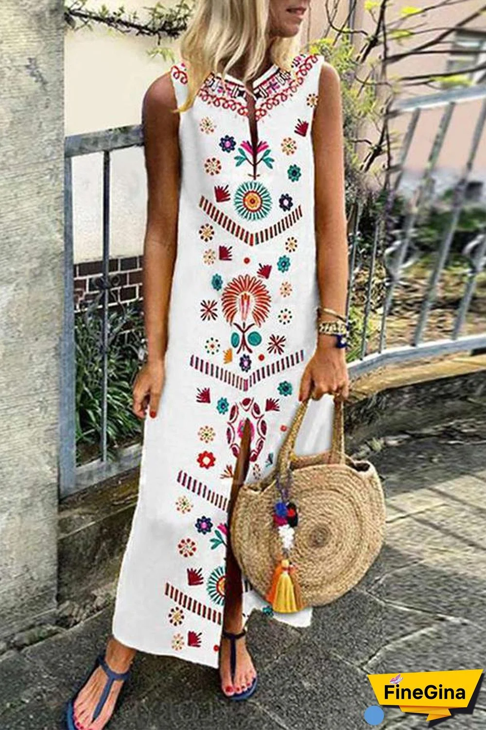 Tribal Printed Sleeveless Split Long Maxi Dress (2 Colors) P16046