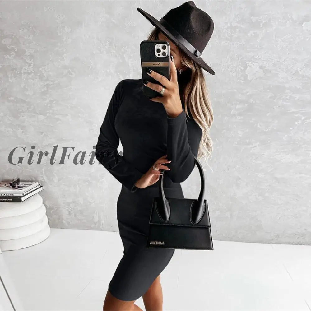 Women O Neck Slim Dress Autumn Long Sleeve Khaki Bodycon Casual Basic Daily Gray Office Ladies Solid