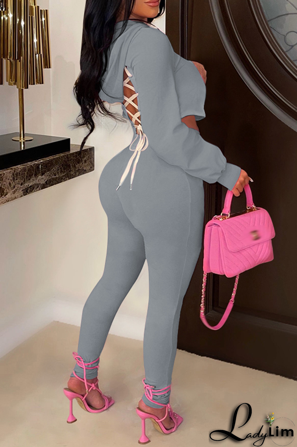 Blue Fashion Solid Patchwork V Neck Long Sleeve Two Pieces