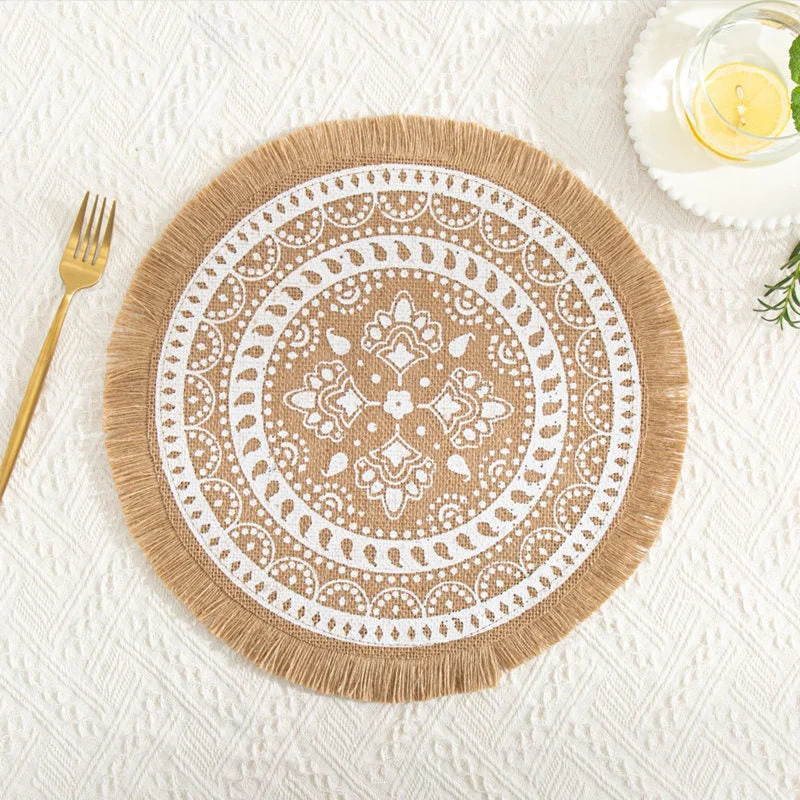 INS Jute Round Placemats Boho Tassels Table Mats Heat Insulation Pads Coffee Cup Mat Rustic Farmhouse Kitchen Decor Photo Props