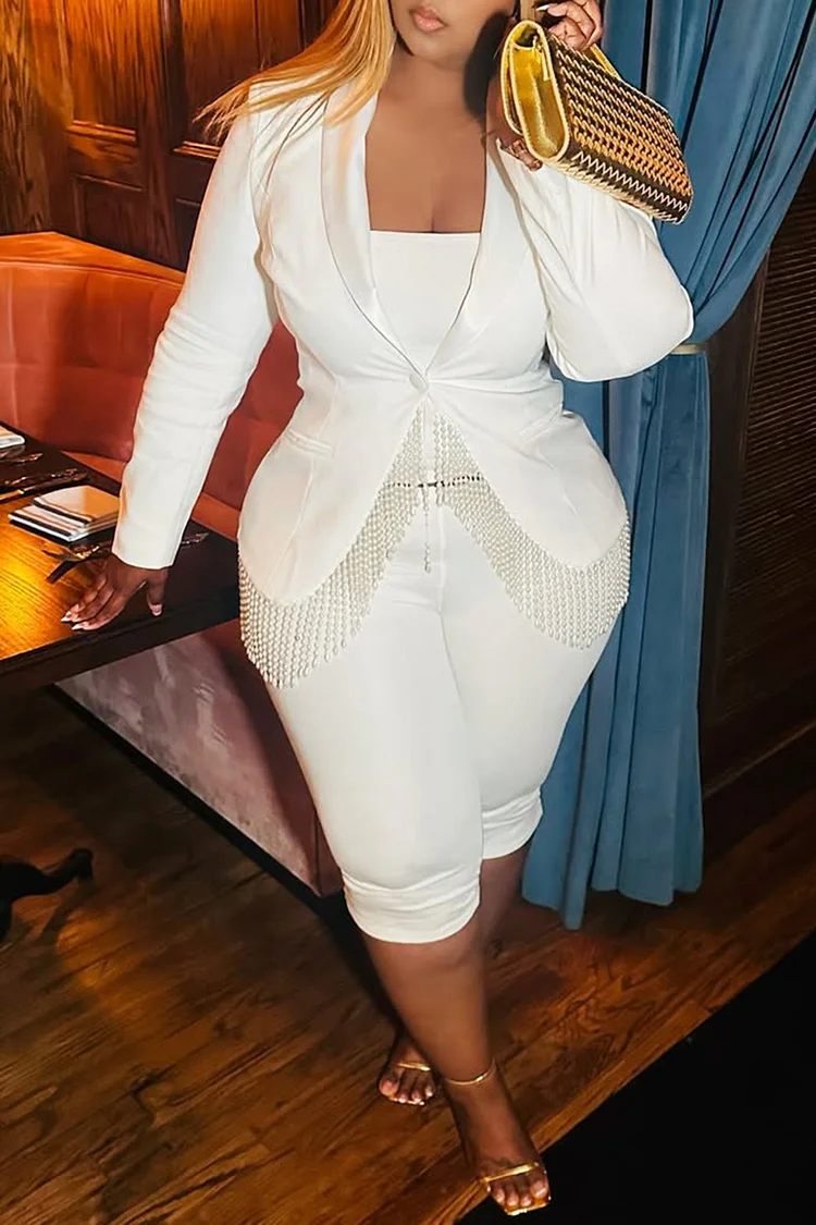 Plus Size Business Casual White Casual Lapel Collar Long Sleeve Strappy Two Piece Pant Suits