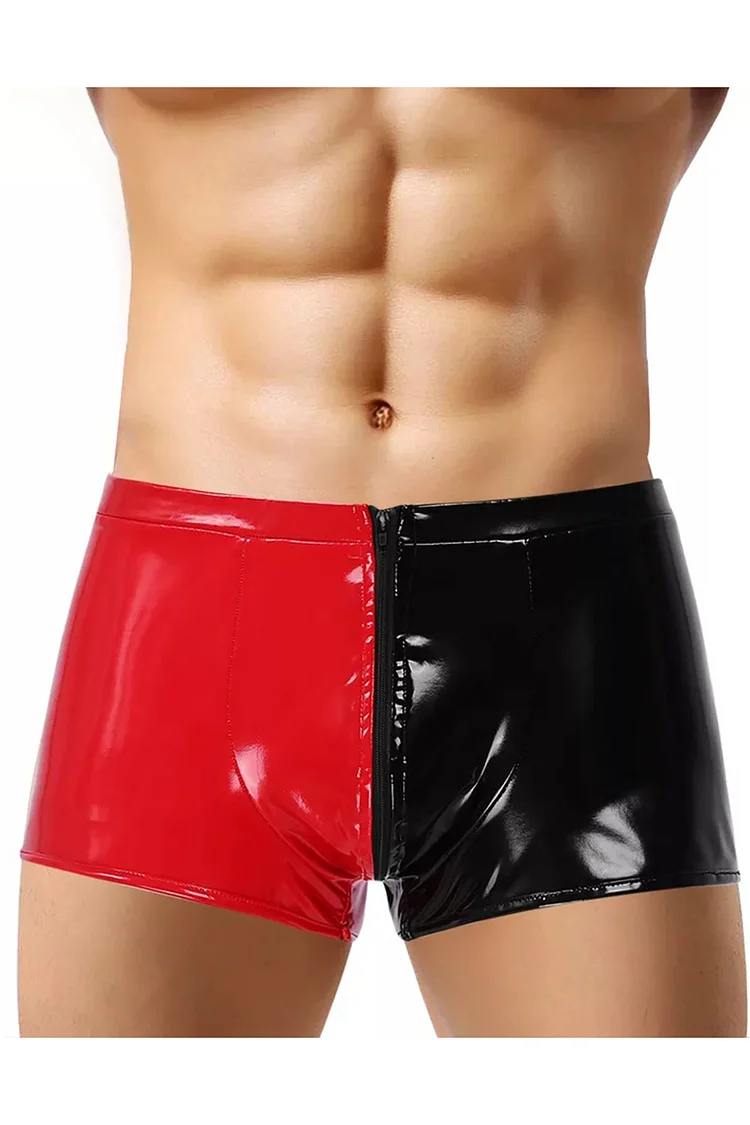 Men's Black And Red Colorblock Patchwork Zipper PU Leather Shorts