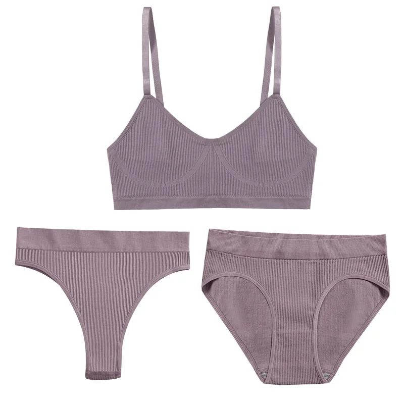 FINETOO 1 Top+3 Panties Set Women Seamless Bra G-String Thongs Soft Tops High Waist Shaper Underwear Female Lingerie Active Bra