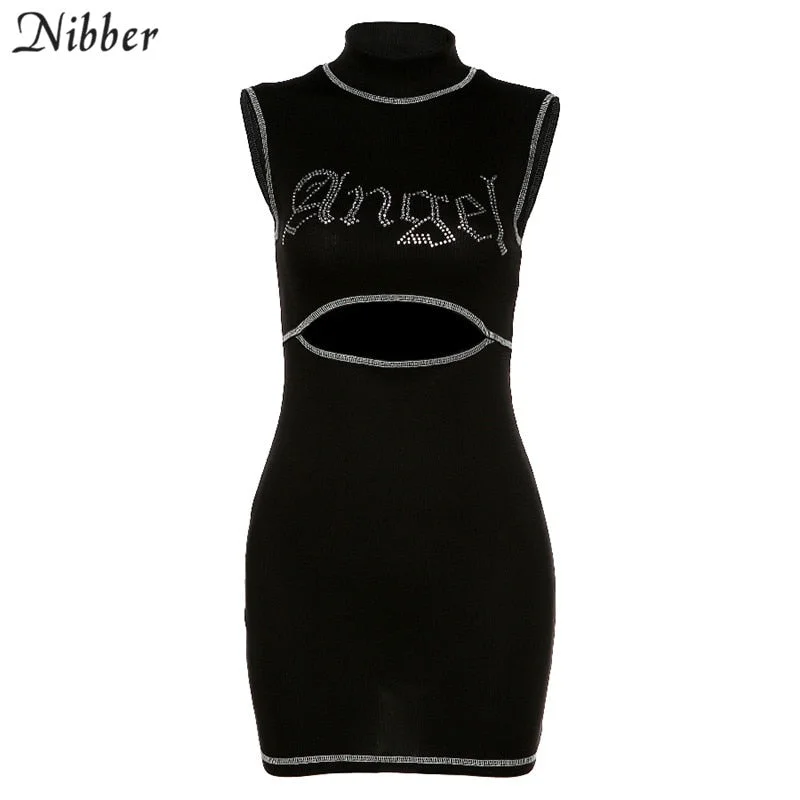 Nibber fashion hollow angel letter printing slim dress women summer street casual wear 2020 sleeveless bodycon mini dress mujer