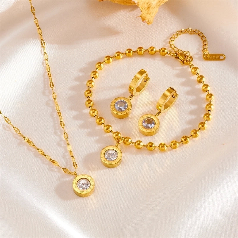 Elegant Classic Style Roman Numeral Titanium Steel Rhinestones 18K Gold Plated Inlay Jewelry Set