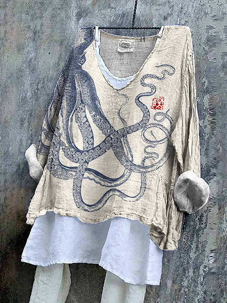 Comstylish Vintage Octopus Ink Style Art Cotton Linen V Neck Casual Shirt