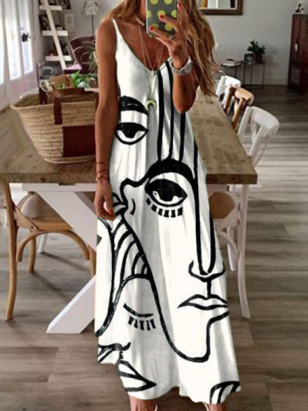 Abstract Sleeveless A-Line V Neck Knitting Dress