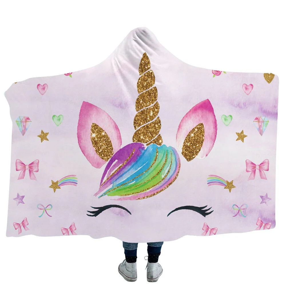 Unicorn Hooded Blanket For Adults Childs Cartoon 3D Printed Sherpa Fleece Blanket Microfiber Wearable Throw Blanket For Home Bed