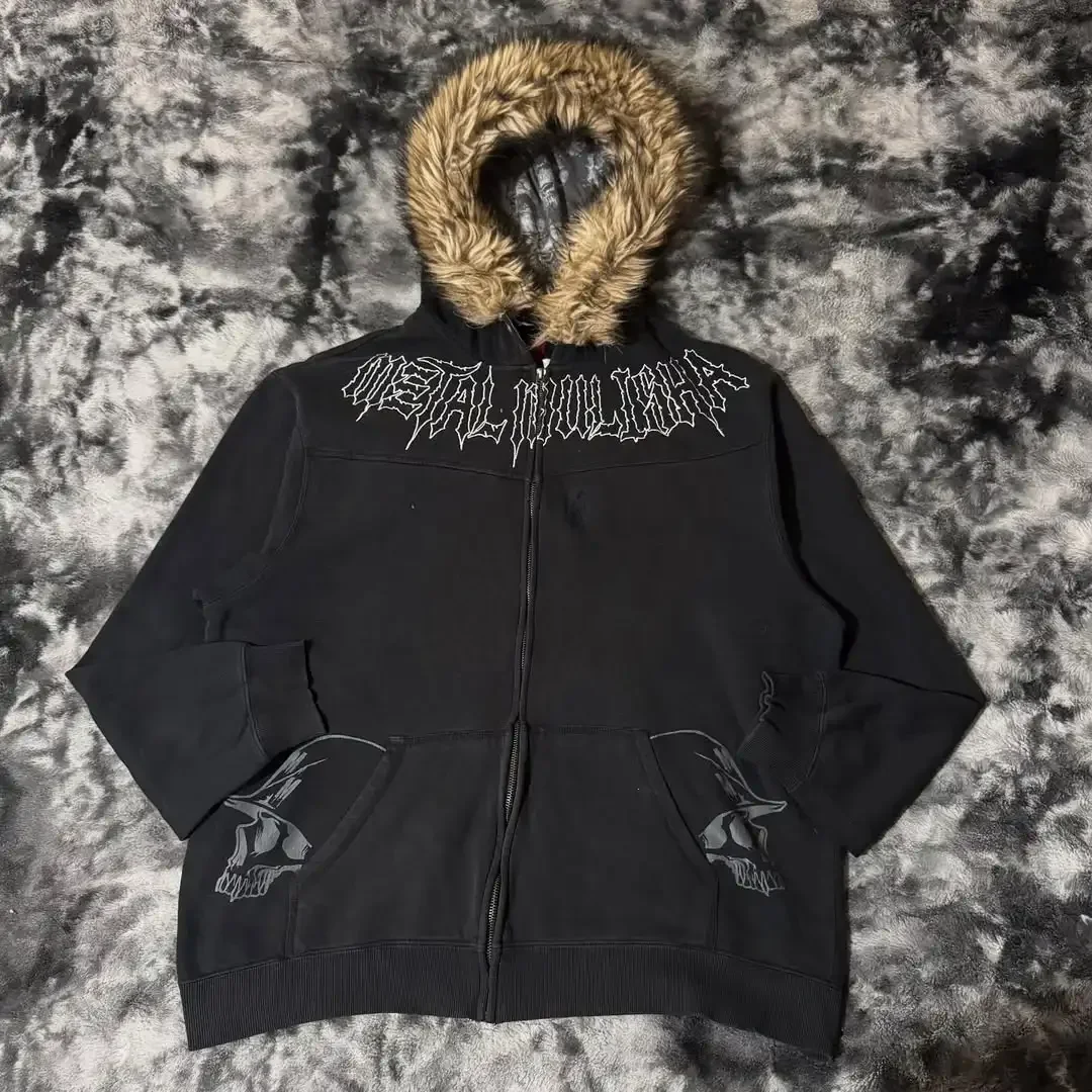 Aonga Skull Gothic pattern printed plush hat warm winter clothes zipper hoodies for women American vintage Y2K trendy niche sweatshirt aonga