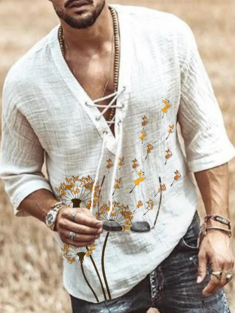 Pre-sale Men's Fashion Belted Dandelion Corgi Print Shirt