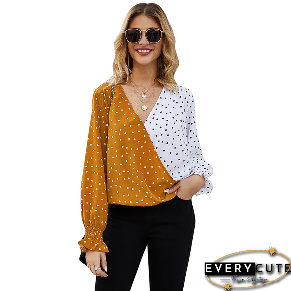 Yellow Polka Dot ColorBlock V Neck Blouse