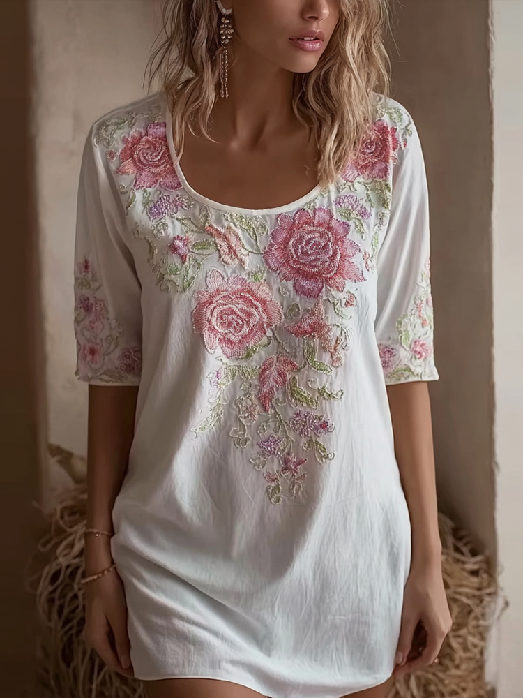 Lace Rose Embroidery Design Round-neck Short-sleeve Dress elevenforest