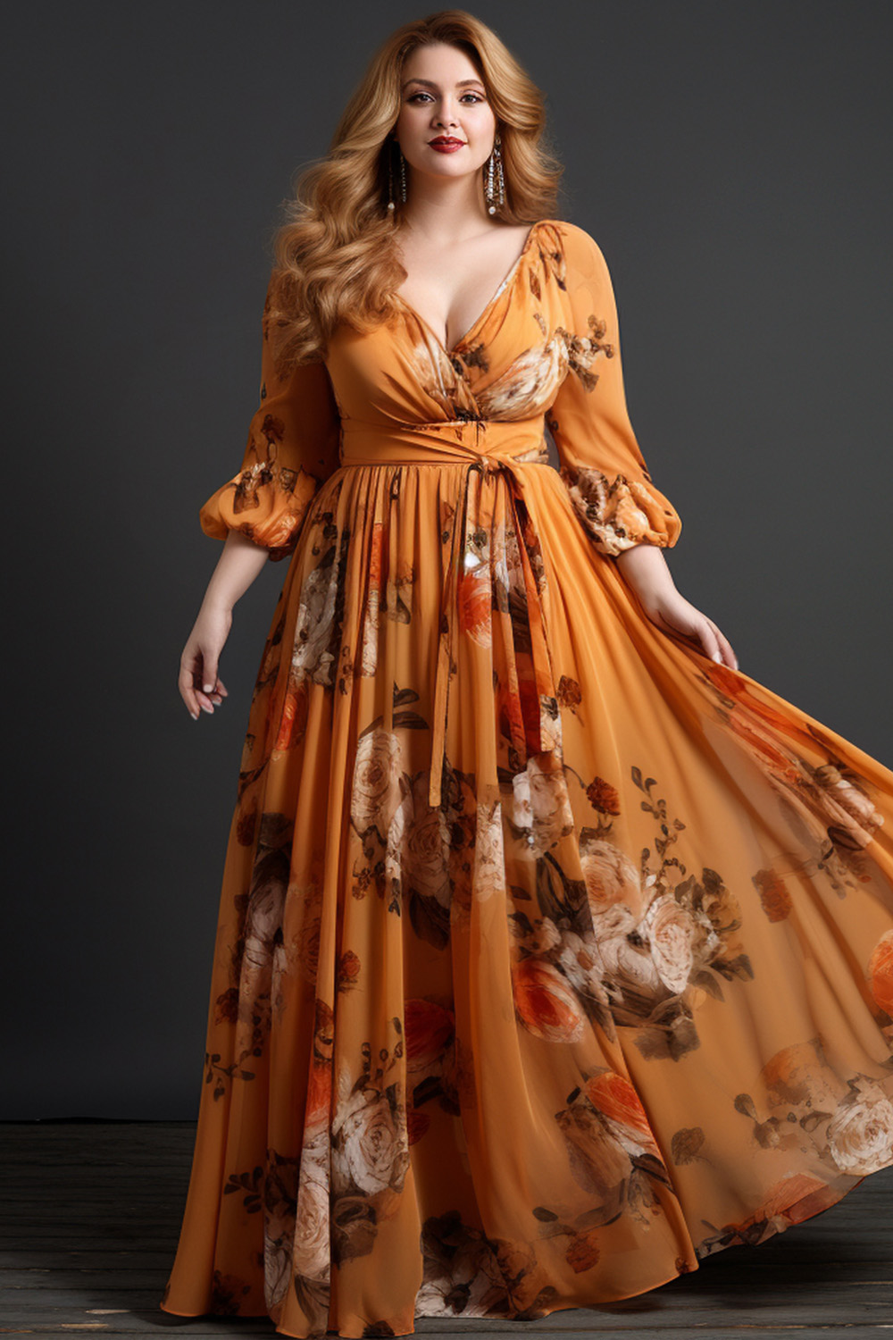 Flycurvy Plus Size Wedding Guest Orange Chiffon Floral Print Wrap Lantern Sleeve Lace-Up Maxi Dress 2024 - Flycurvy 