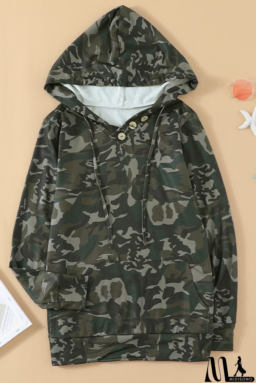 MidiSono - Green Camo Print Kangaroo Pocket Hoodie