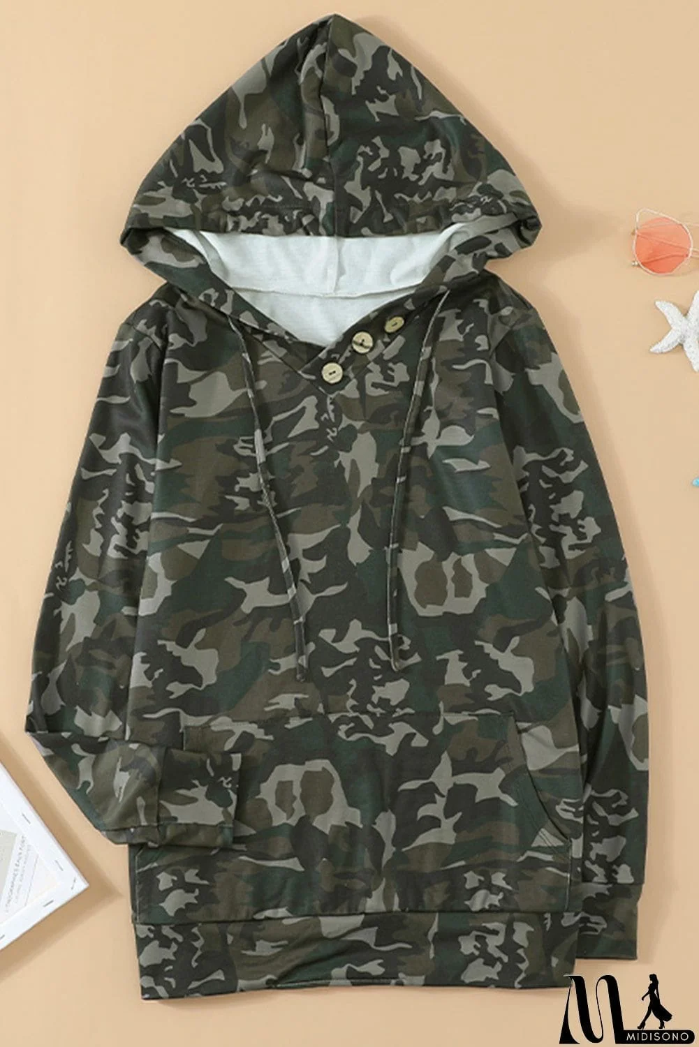 MidiSono - Green Camo Print Kangaroo Pocket Hoodie