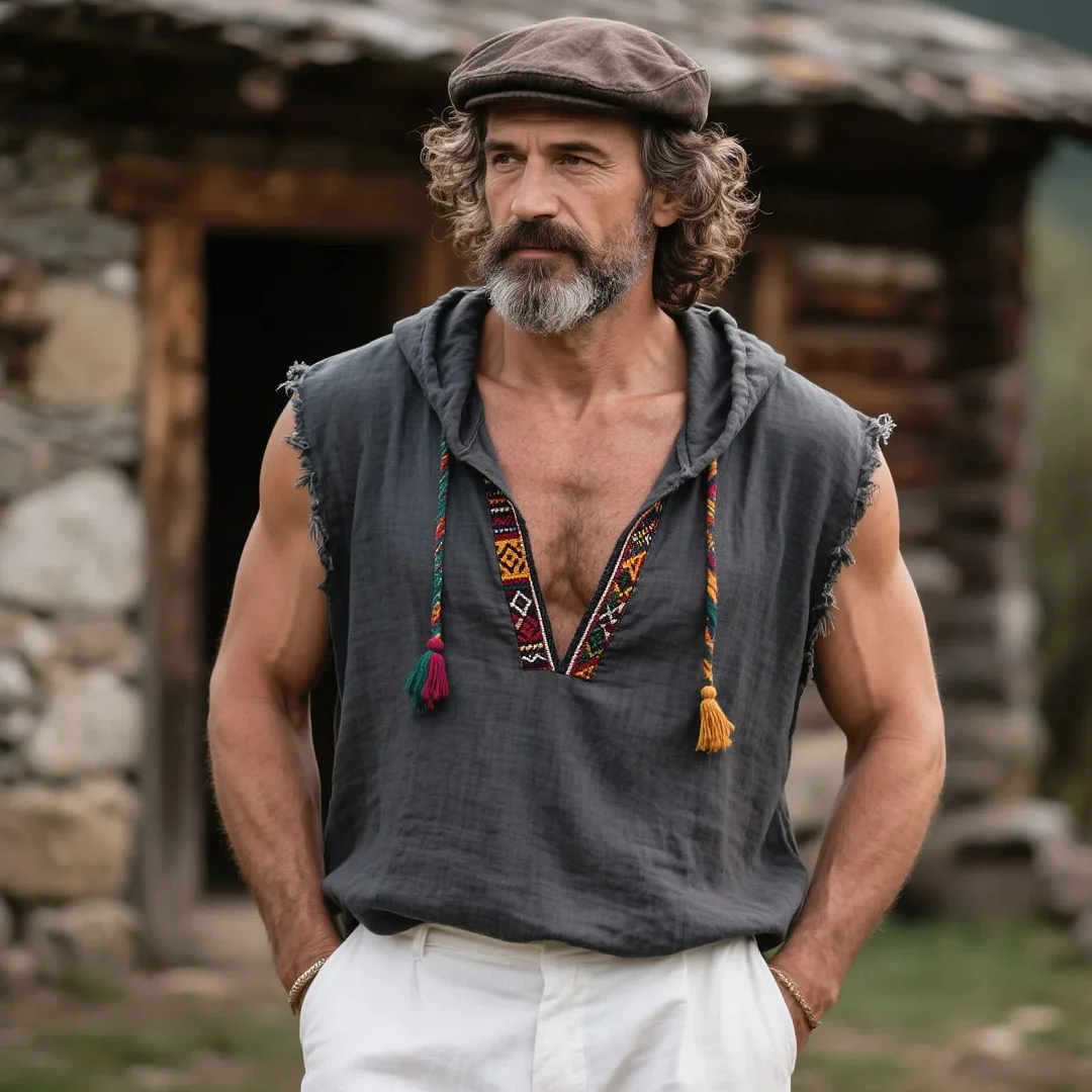  Bohemian Sleeveless Hoodie with Embroidered Details for Men-inspireuse