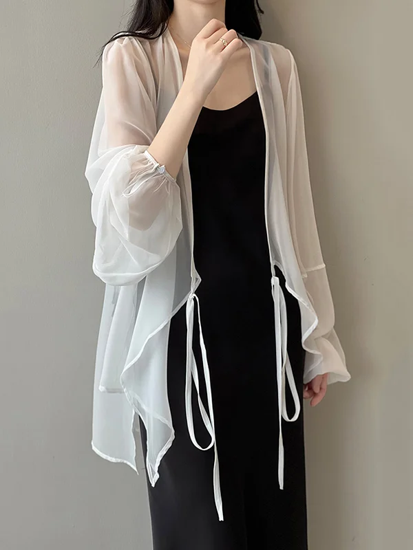 Tied Split-Joint See-Through Sun-Protection Loose Collarless Blouses ...