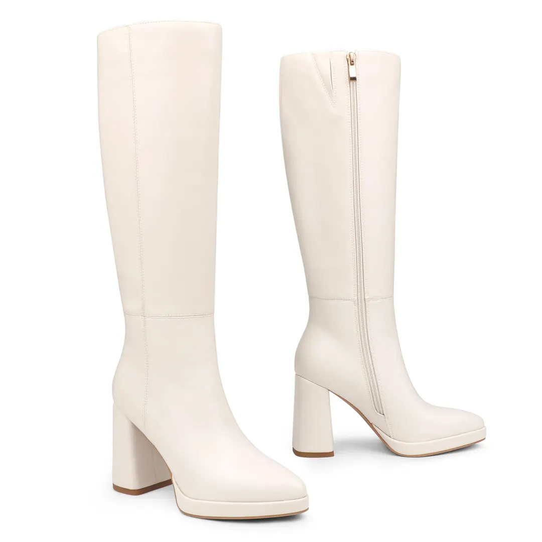 Women's Square-Toe Knee-High Boots with Platform and Block Heels