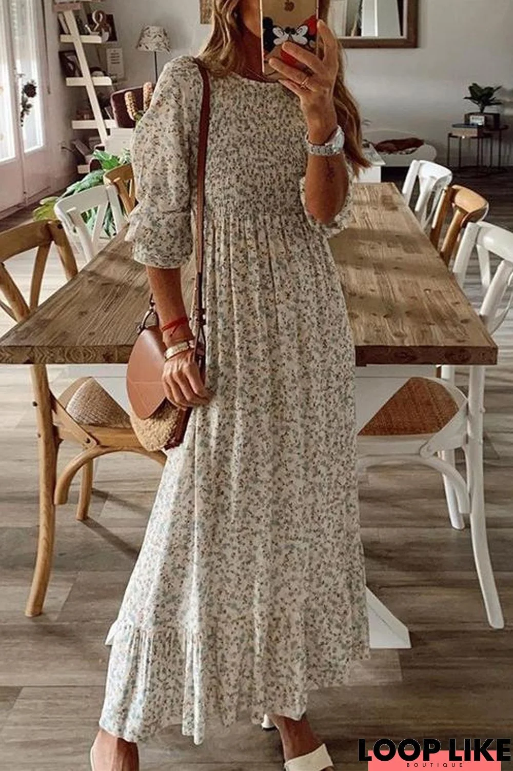 Floral Print O Neck Maxi Dress