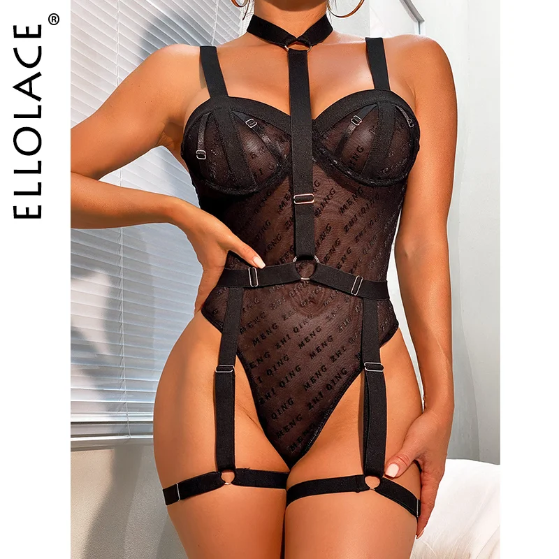 Billionm Ellolace Sensual Lingerie Bodysuit Woman Letter Print Lace Body Crotchless Halter Garters Erotic Costume Porn Sissy Teddy Bear