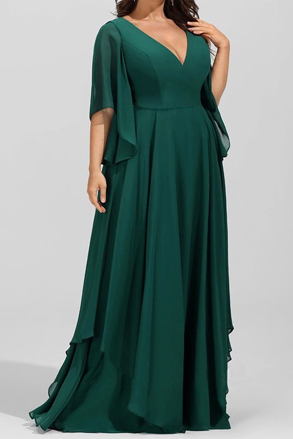 Plus Size Formal Dark Green Wrap Flutter Sleeve Maxi Dress 2024 - Flycurvy 