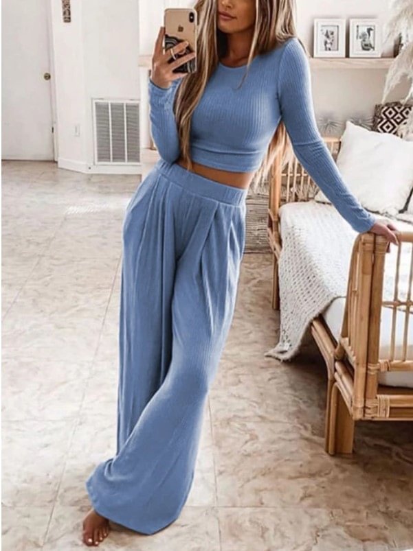 Simple round neck long sleeve slim two-piece suit