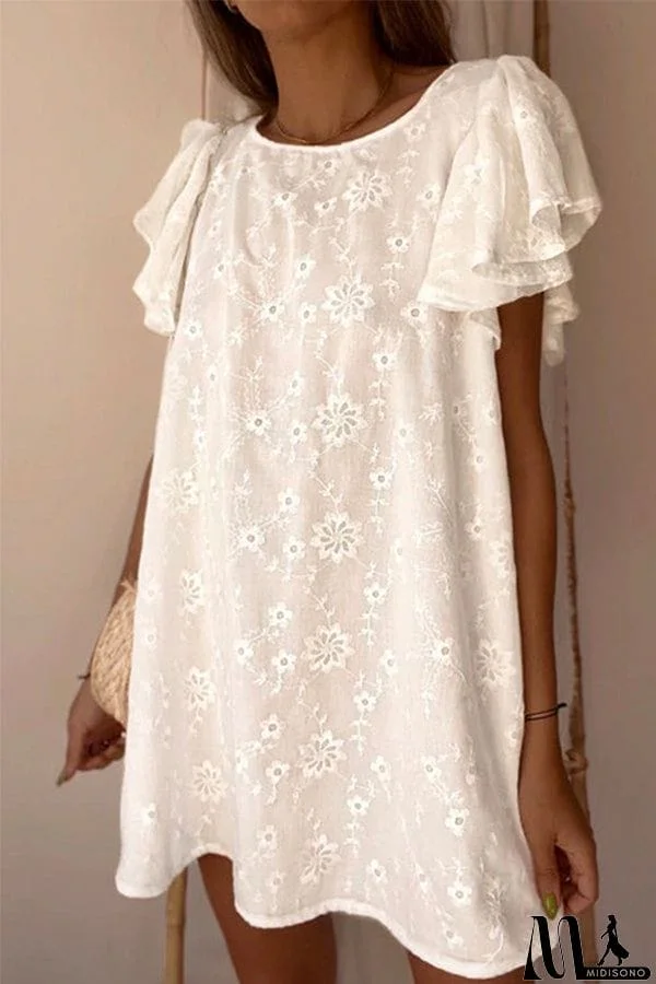 Flutter Sleeve Solid Floral Lace Swing Dress