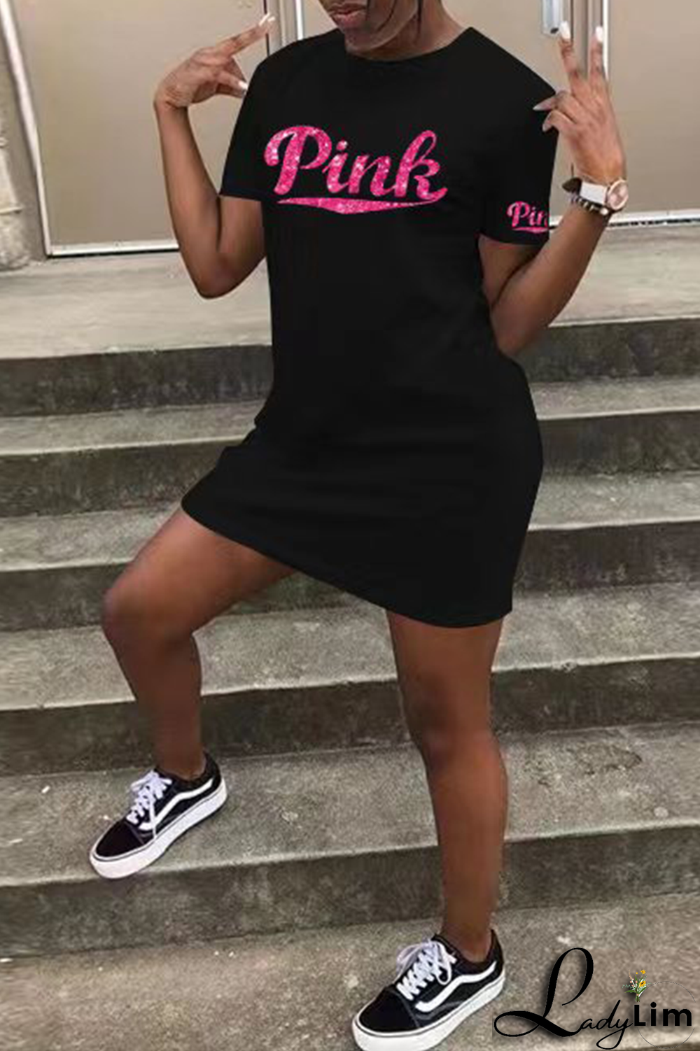 Pink Fashion Patchwork Sequins O Neck Pencil Skirt Dresses