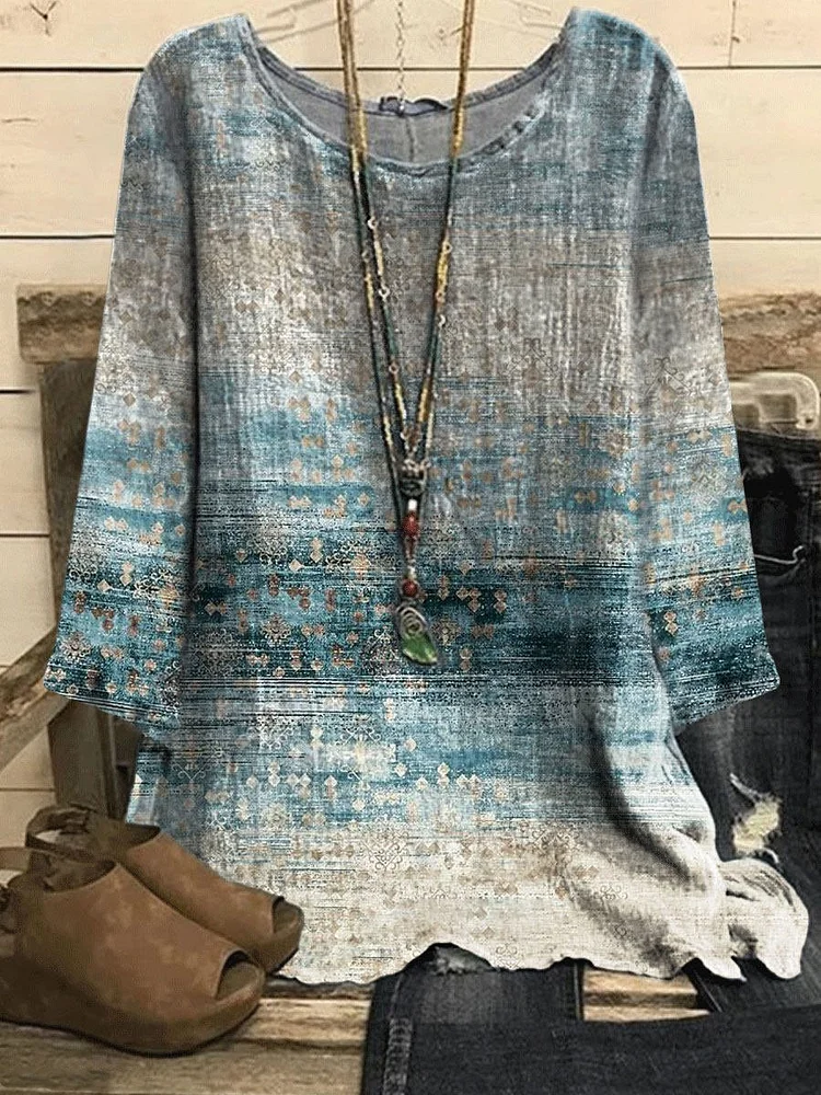 Round Neck Retro Print Loose Casual Long Sleeve Blouse-Mayoulove