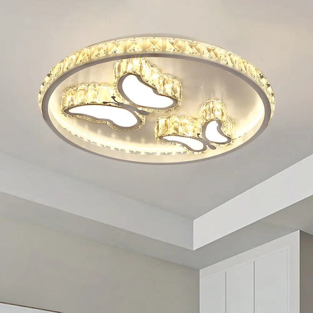 Contemporary Led White Ceiling Mount Fixture With Butterfly/Loving Heart Clear Crystal Blocks /
