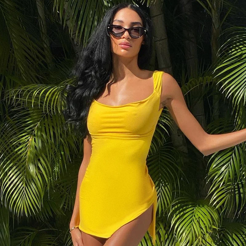 Back to School Summer Straps Backless Mini Dress For Women Elegant Yellow Sleeveless  High Split Party Dresses Female Club Outfits 2023 New