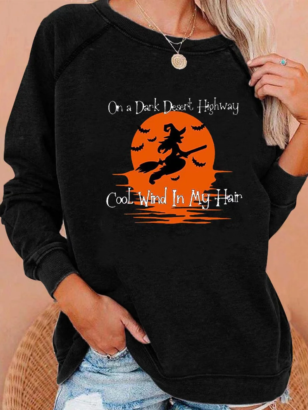 Letter And Halloween Witch Print Long Sleeve Shirt