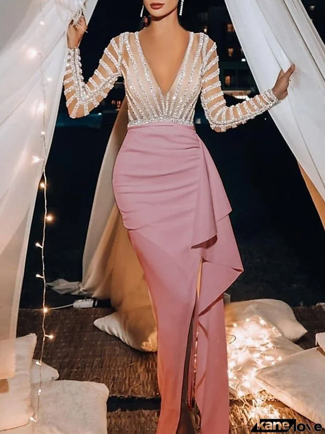 Formal Party Dress Cut Out Dress Bodycon Sheath Dress Long Dress Maxi Dress Pink White Long Sleeve Color Block Sequins Fashion Winter Dress Fall Dress S M L XL XXL for Women