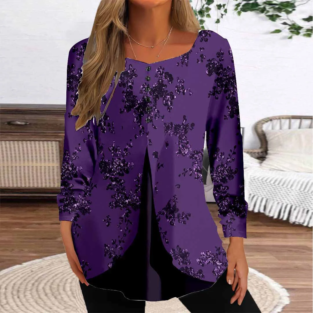 Women Graphic,Purple DZGG8256 Long Sleeve Scoop Neck Printed Graphic Button Fake 2in1 Tops