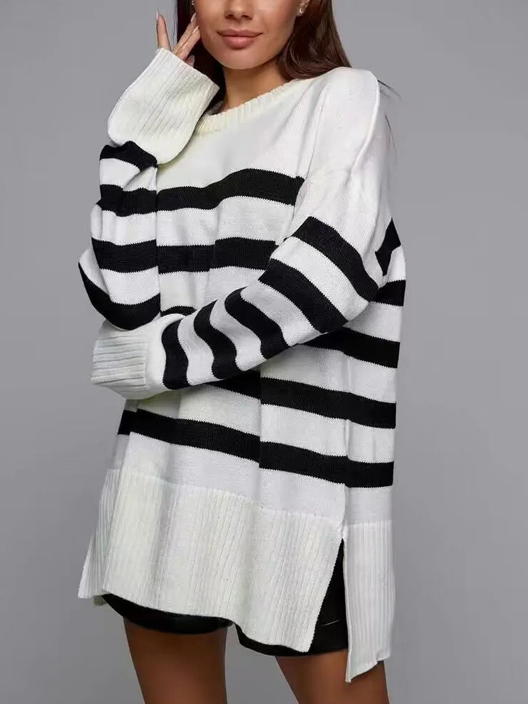 Nigikala Nigikala Autumn And Winter Women's Clothing Jacket Loose Round Collar Bump Color Knitted Striped Sweater Woman