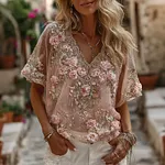 Women's Pink Flowers Embroidered Art V-neck Short Sleeve T-shirt - Image 2