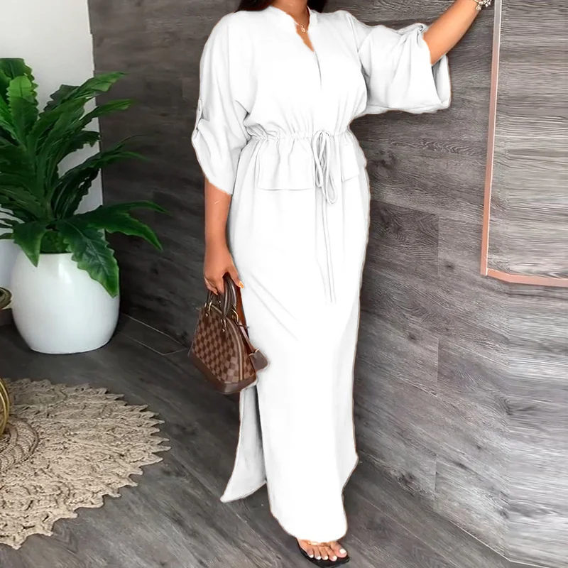 Brownm Brownm New Women's Wear Temperament V Tie With Waist Loose Casual Plus Size Winter Dress