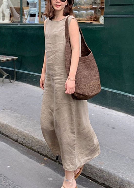 French Camel Asymmetrical Linen Long Dress Sleeveless CK1902- Fabulory